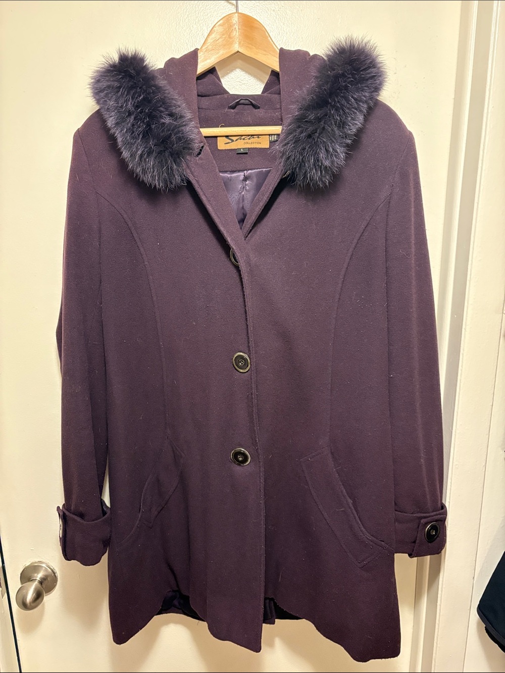 Dark Purple Wool Hooded Coat with Fur Trim